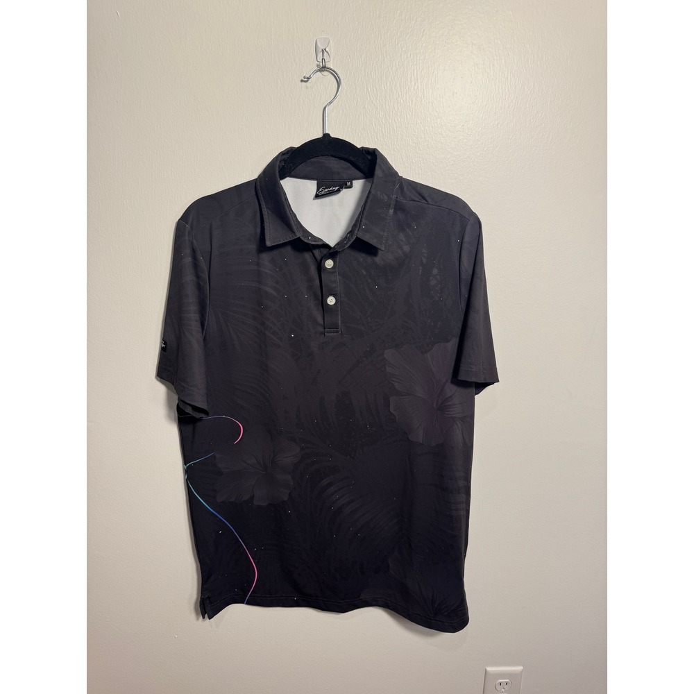 Sunday Swagger Mens Golf Polo Shirt Medium Black Tropical Hibiscus Floral Print